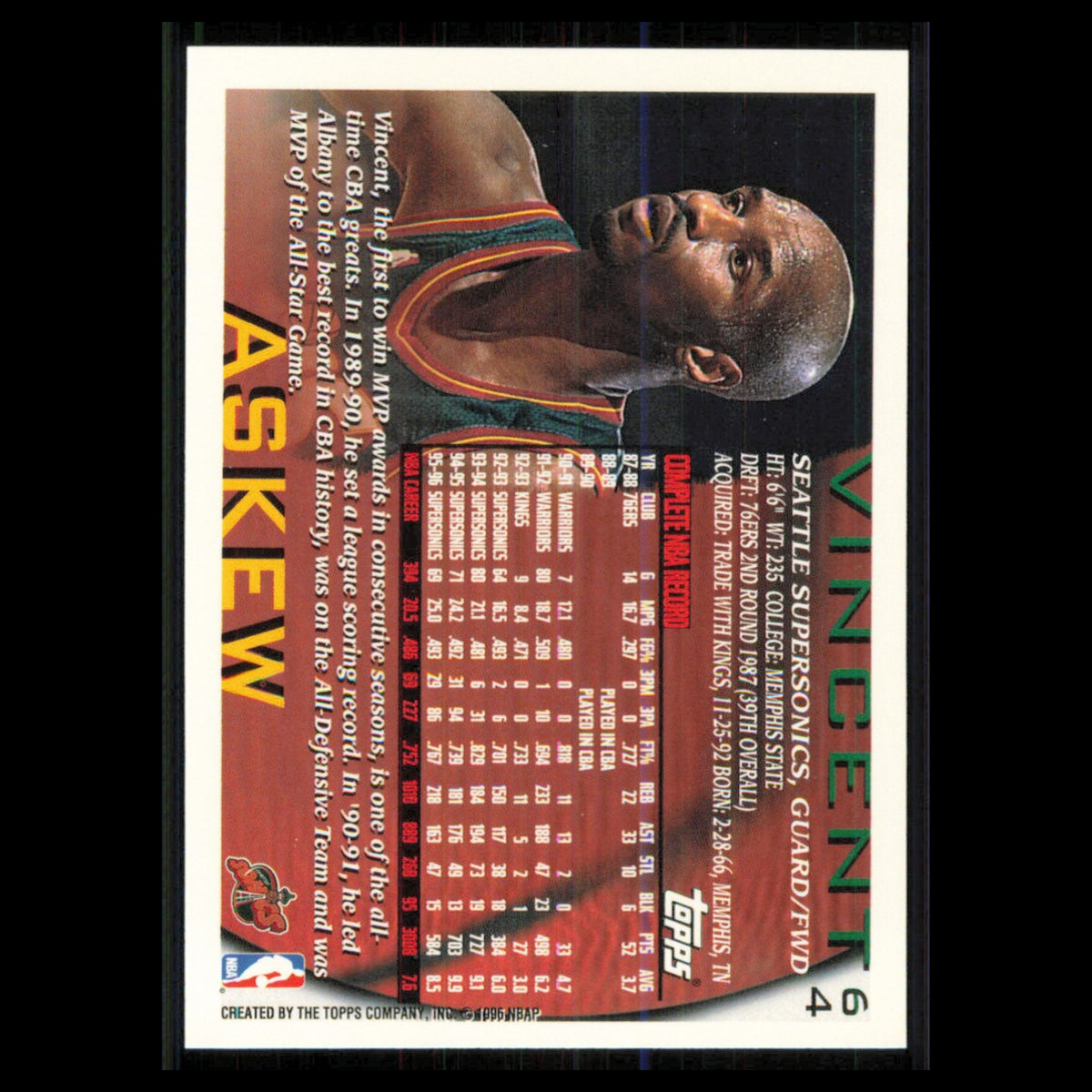 Vincent Askew #64 1996 Topps Seattle SuperSonics Basketball Card NBA NM