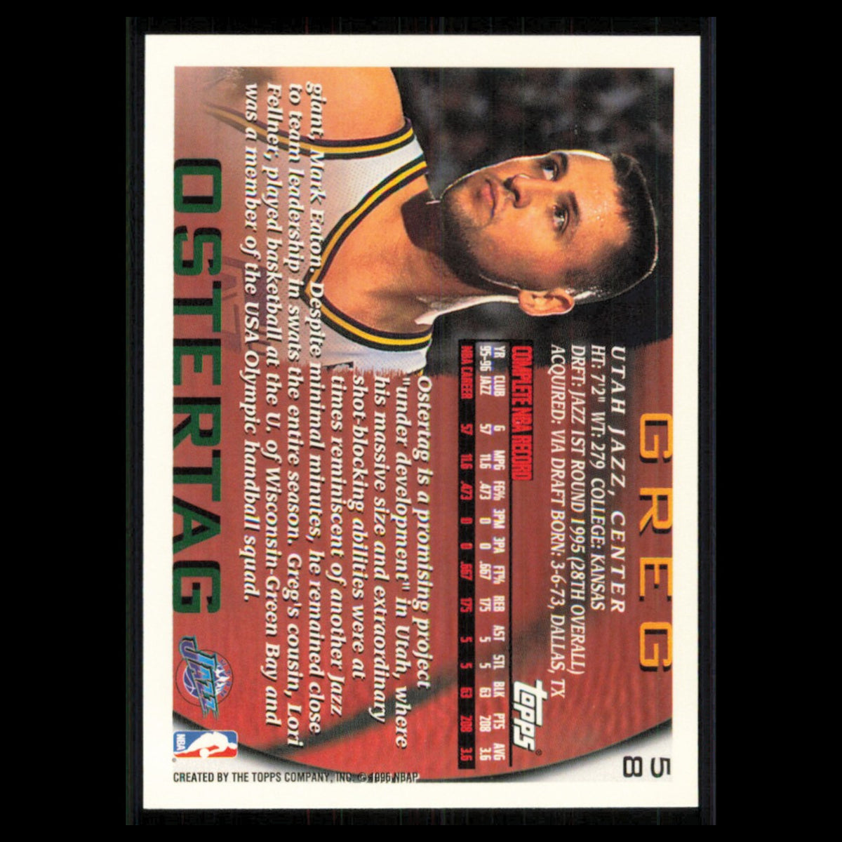 Greg Ostertag #58 1996 Topps Utah Jazz Basketball Card NBA NM