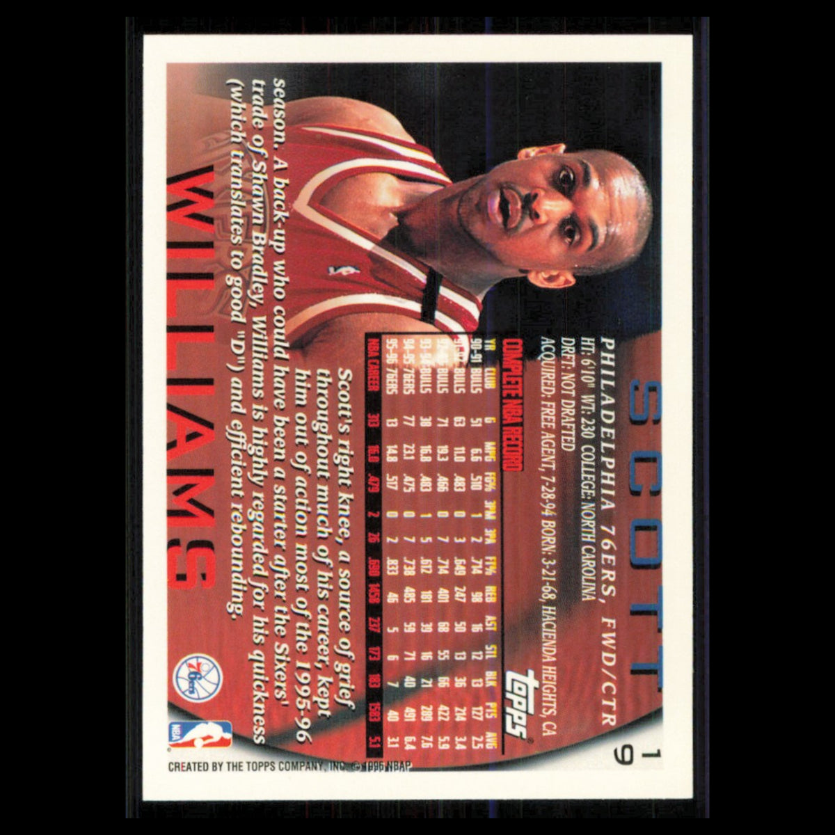 Scott Williams #19 1996 Topps Philadelphia 76ers Basketball Card NBA NM