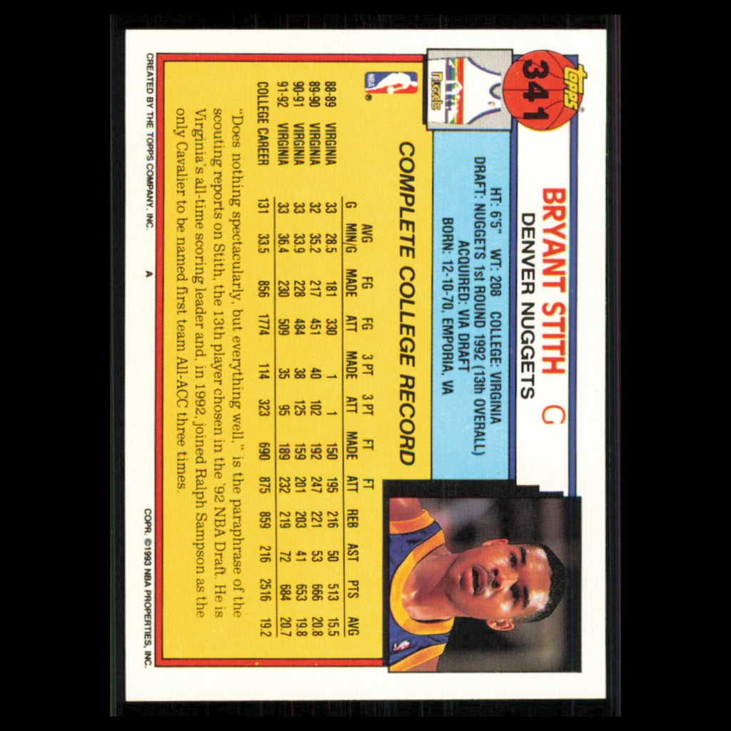 Bryant Stith Rookie #341 1992 Topps Denver Nuggets Basketball Card NBA NM