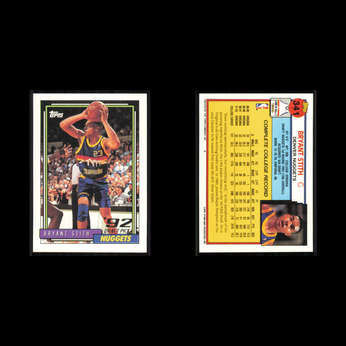 Bryant Stith Rookie #341 1992 Topps Denver Nuggets Basketball Card NBA NM