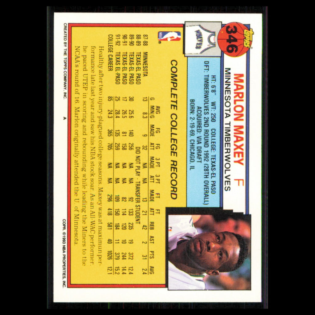 Marlon Maxey Rookie #346 1992 Topps Minnesota Timberwolves Basketball Card NBA