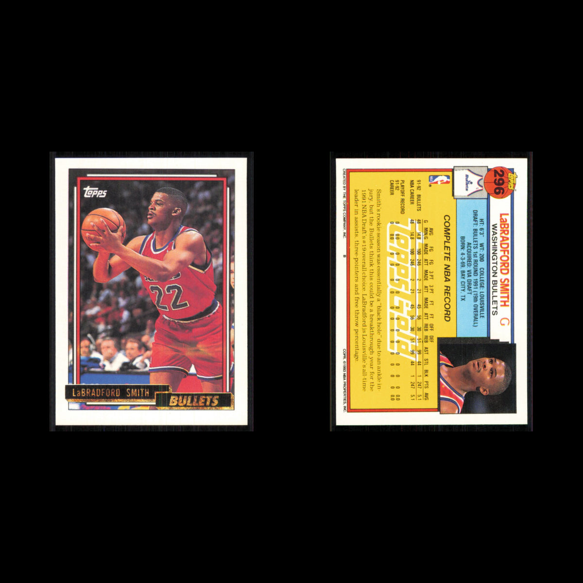 LaBradford Smith #296 1992 Topps Gold Washington Bullets Basketball Card NBA NM