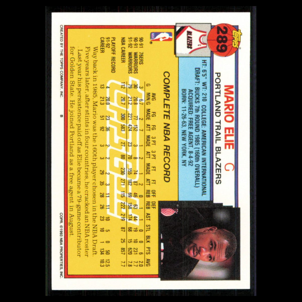 Mario Elie #289 1992 Topps Gold Portland Trail Blazers Basketball Card NBA NM