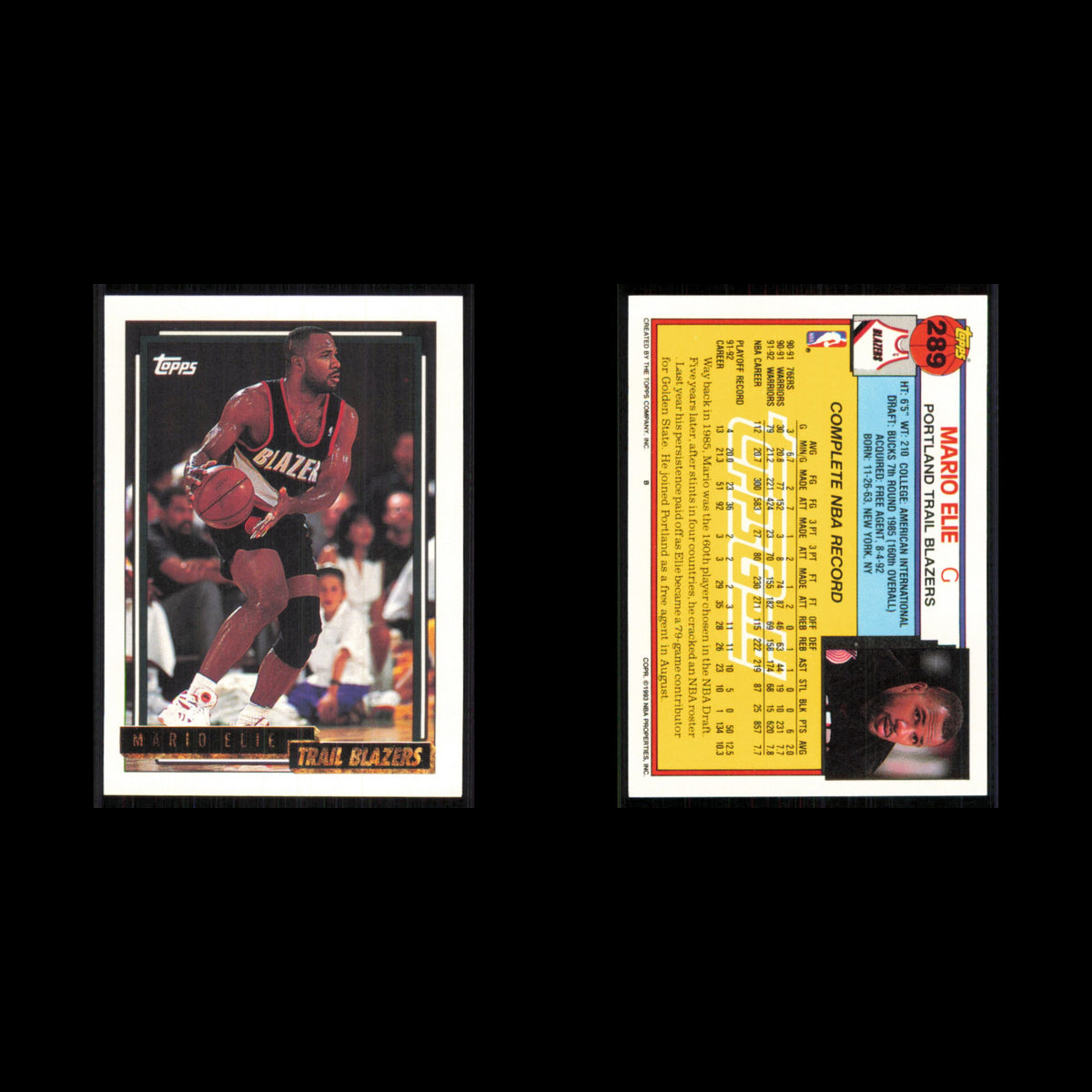 Mario Elie #289 1992 Topps Gold Portland Trail Blazers Basketball Card NBA NM