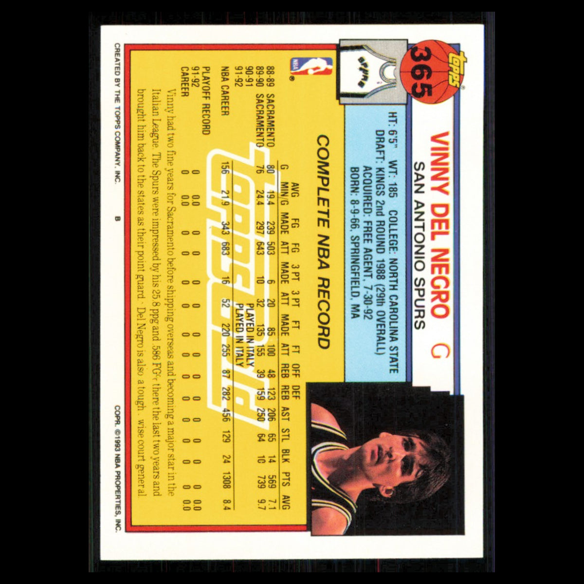 Vinny Del Negro #365 1992 Topps Gold San Antonio Spurs Basketball Card NBA NM