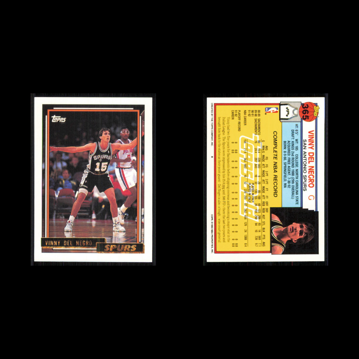 Vinny Del Negro #365 1992 Topps Gold San Antonio Spurs Basketball Card NBA NM