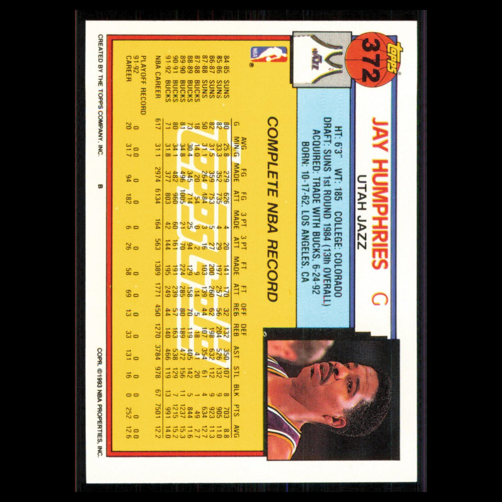 Jay Humphries #372 1992 Topps Gold Utah Jazz Basketball Card NBA NM