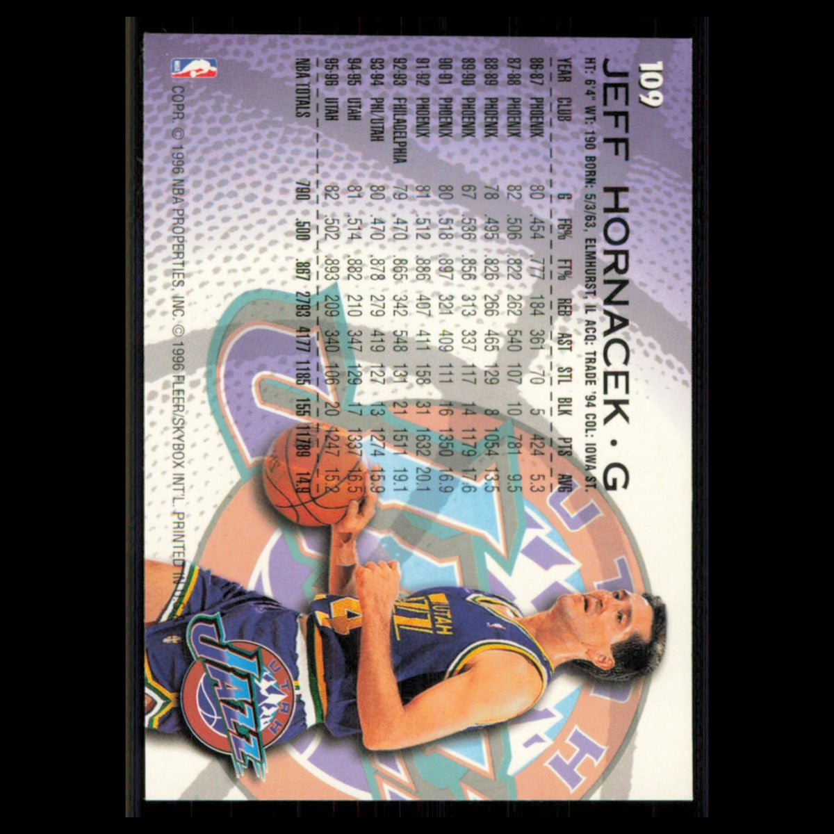 Jeff Hornacek #109 1996 Fleer Utah Jazz Basketball Card NBA NM