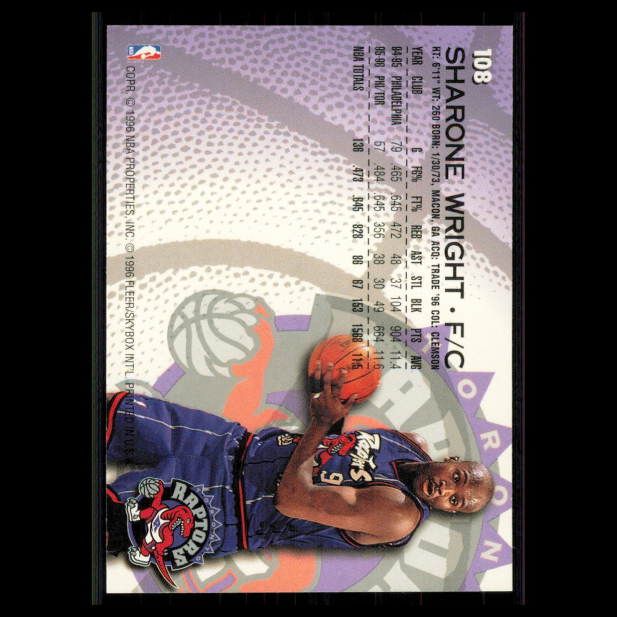 Sharone Wright #108 1996 Fleer Toronto Raptors Basketball Card NBA NM