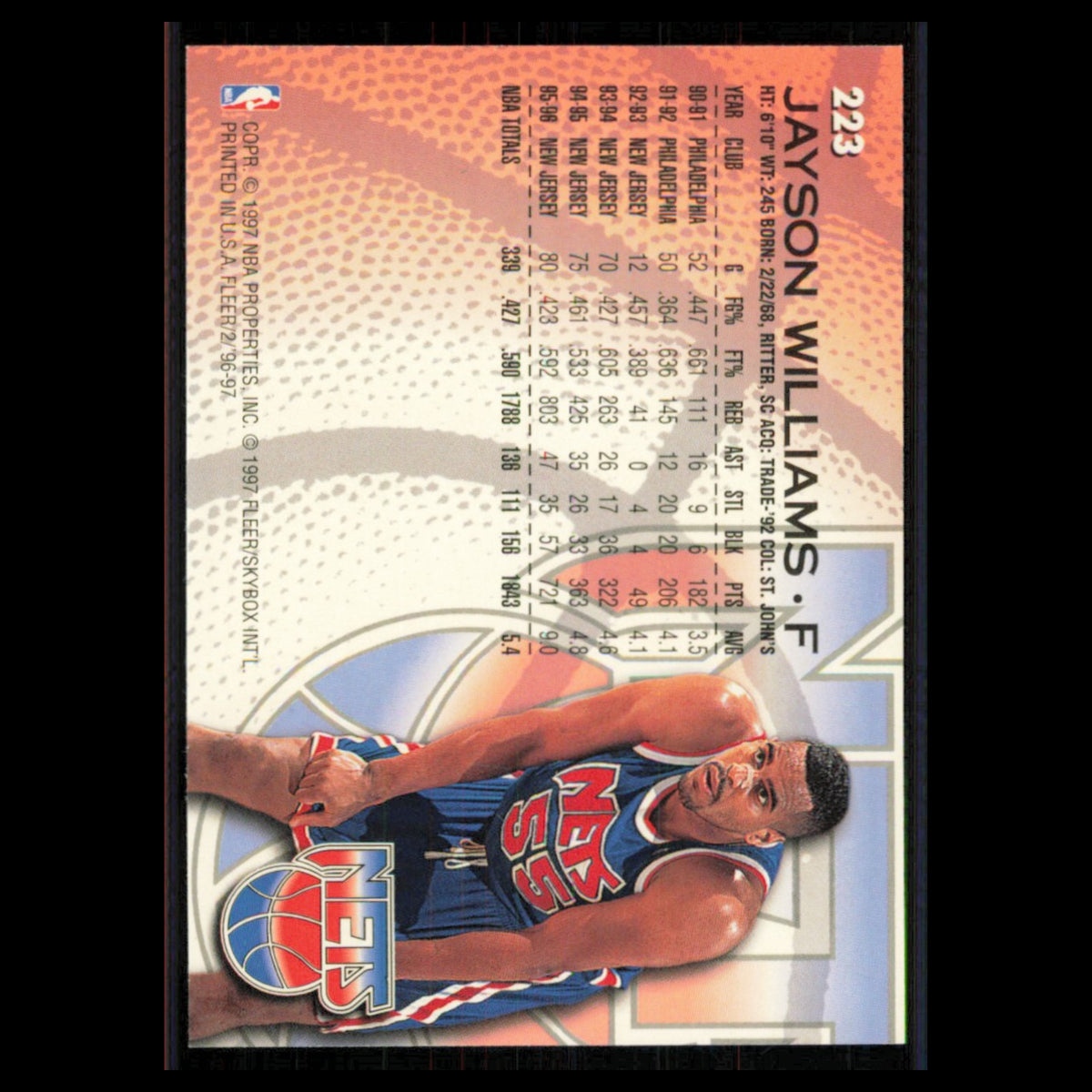 Jayson Williams #223 1996 Fleer New Jersey Nets Basketball Card NBA NM