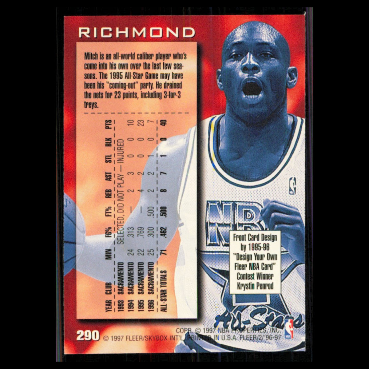 Mitch Richmond #290 1996 Fleer Sacramento Kings Basketball Card NBA NM
