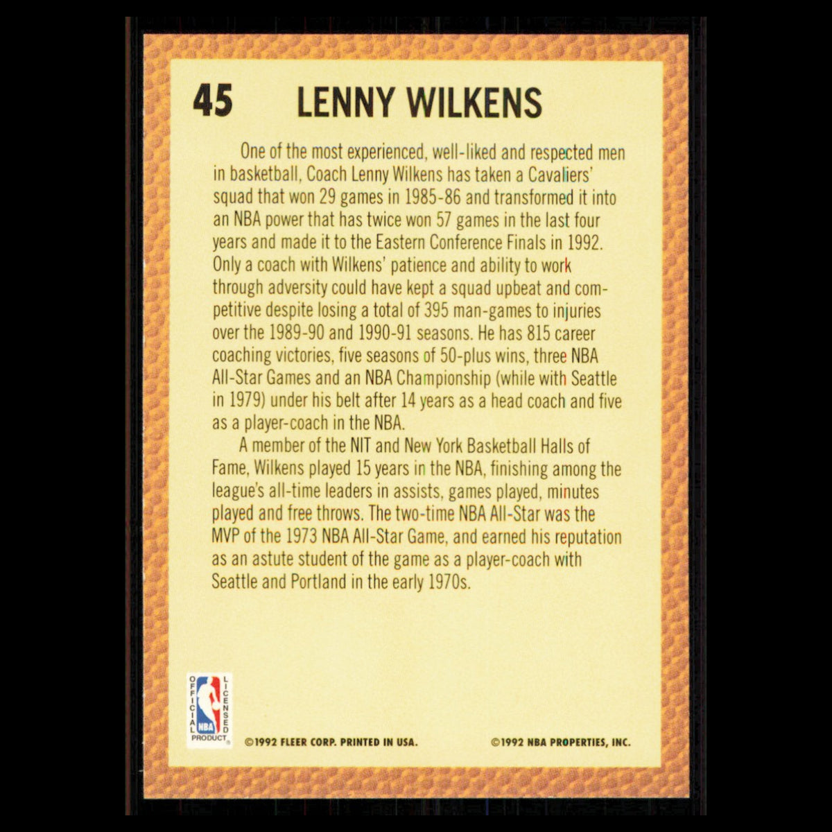 Lenny Wilkens #45 1992 Fleer Cleveland Cavaliers Basketball Card NBA NM
