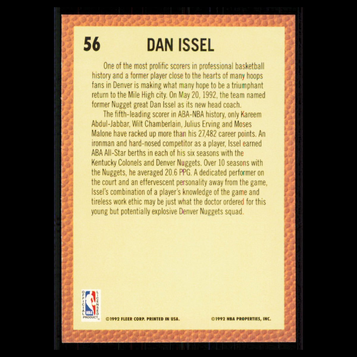 Dan Issel #56 1992 Fleer Denver Nuggets Basketball Card NBA NM