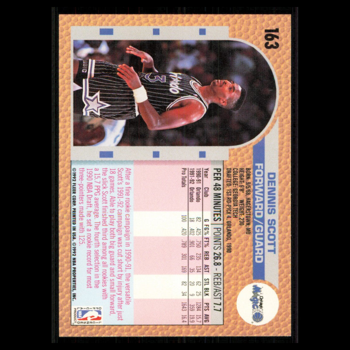 Dennis Scott #163 1992 Fleer Orlando Magic Basketball Card NBA NM