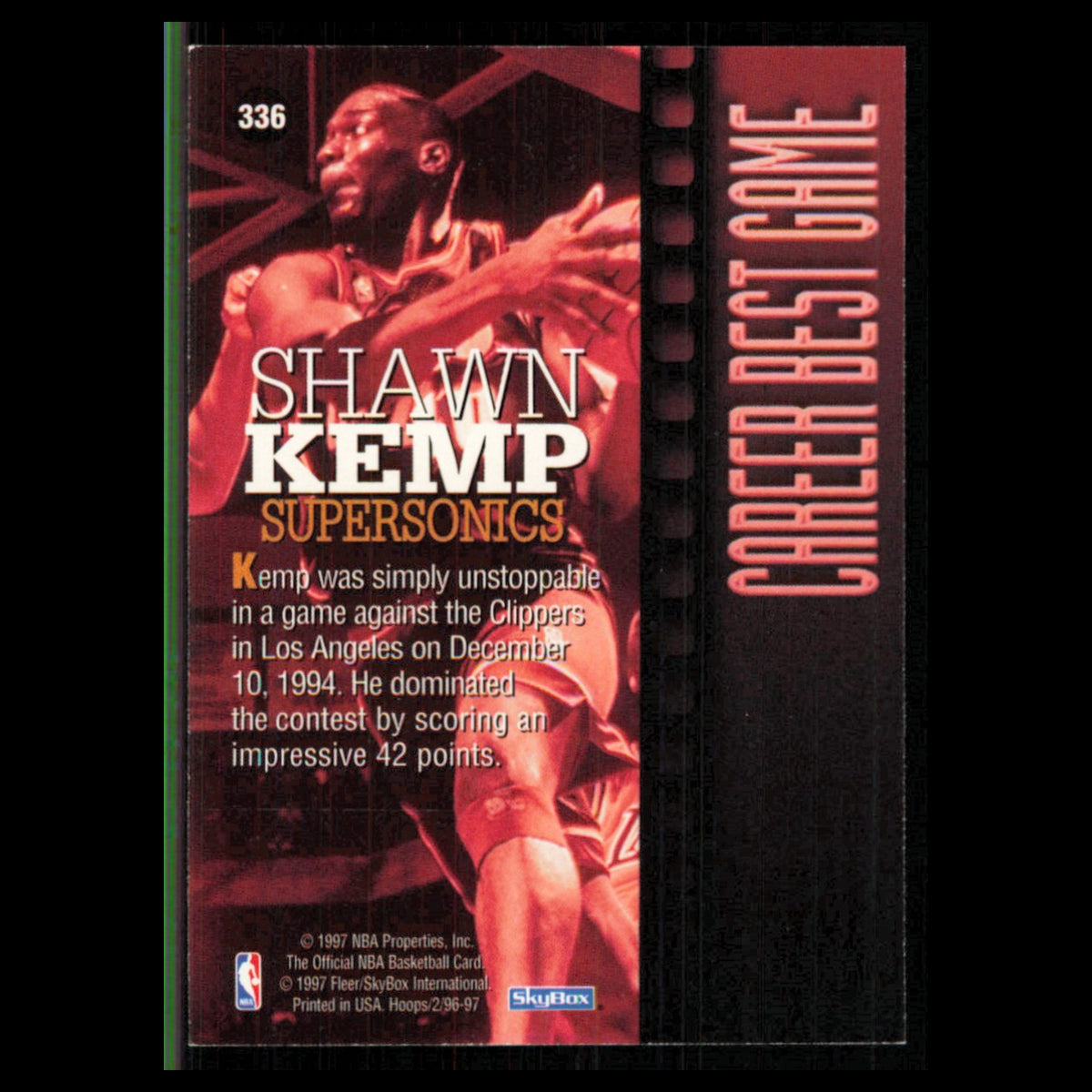 Shawn Kemp #336 1996 Hoops Seattle SuperSonics Basketball Card NBA NM