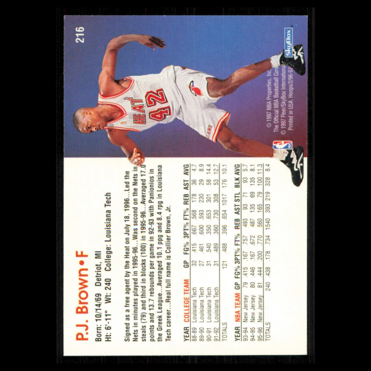 P.J. Brown #216 1996 Hoops Miami Heat Basketball Card NBA NM