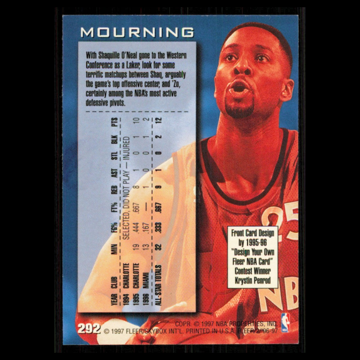 Alonzo Mourning #292 1996 Fleer Miami Heat Basketball Card NBA NM