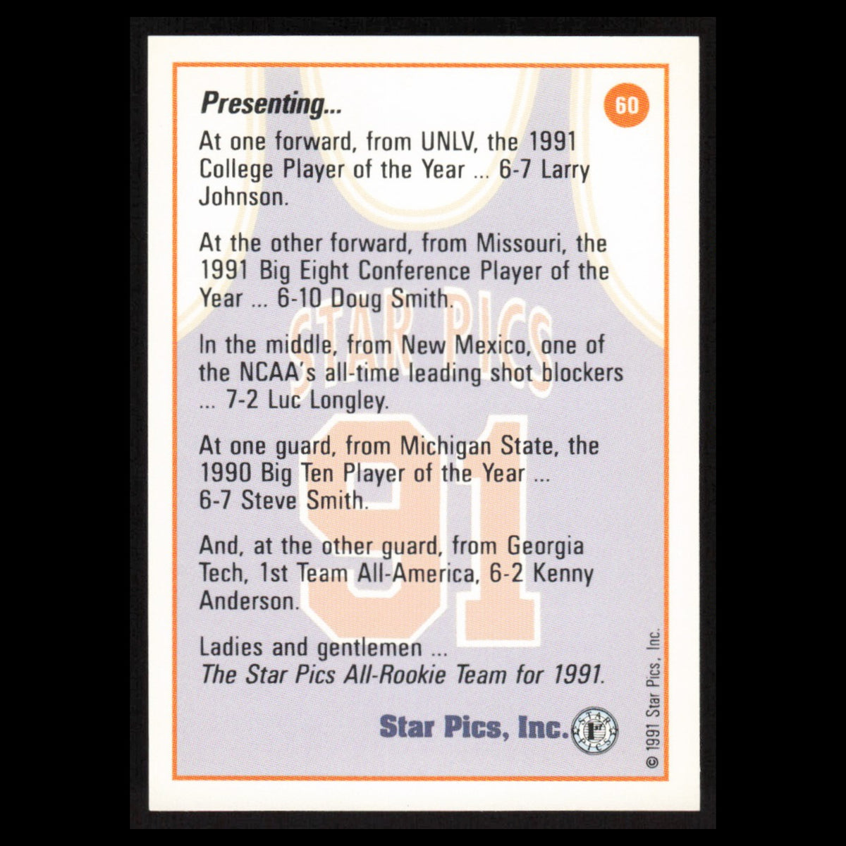 All-Rookie Team (Larry Johnson) #60 1991 Star Pics Basketball Card NBA NM