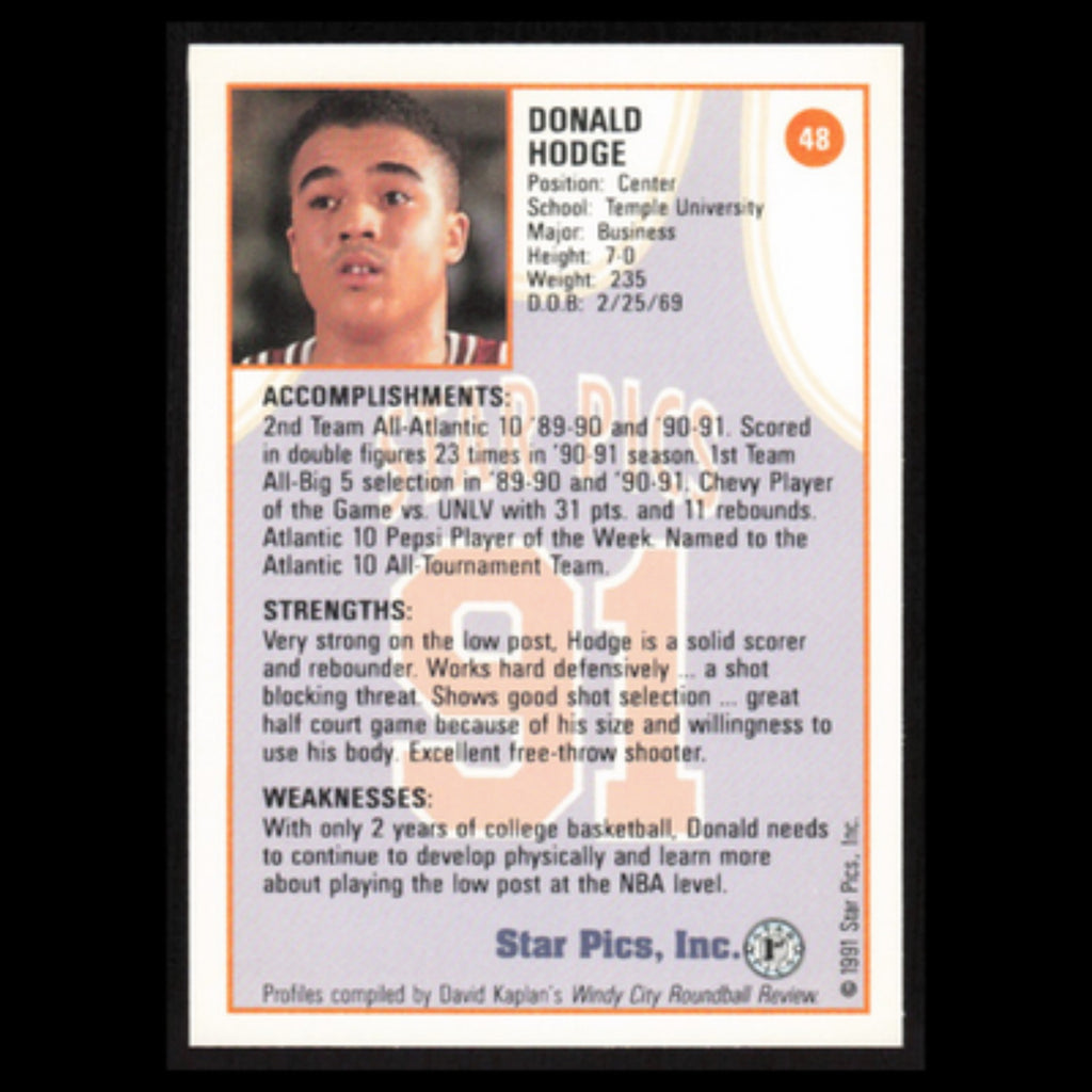Donald Hodge #48 1991 Star Pics Temple Owls Basketball Card NBA NM