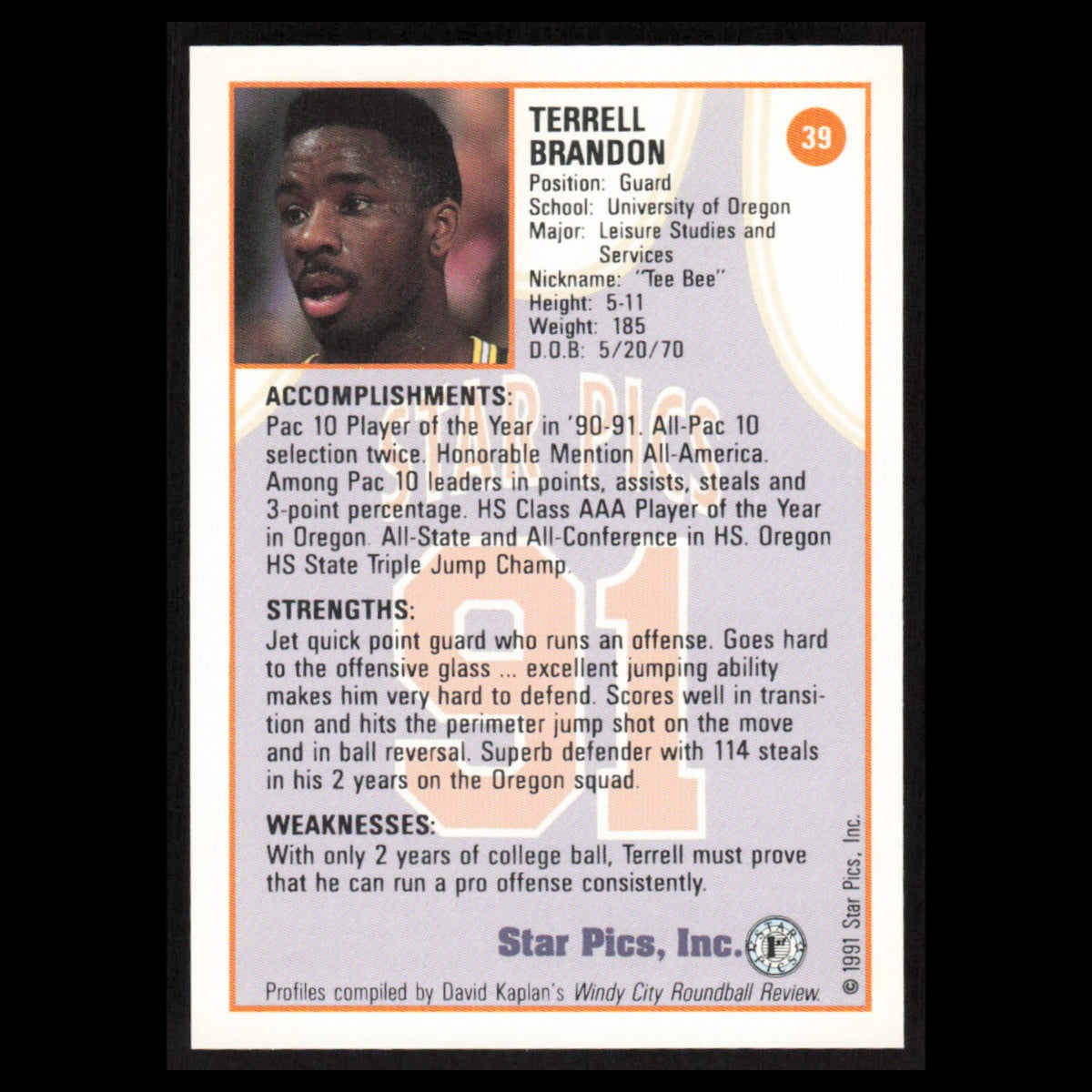 Terrell Brandon #39 1991 Star Pics Oregon Ducks Basketball Card NBA NM