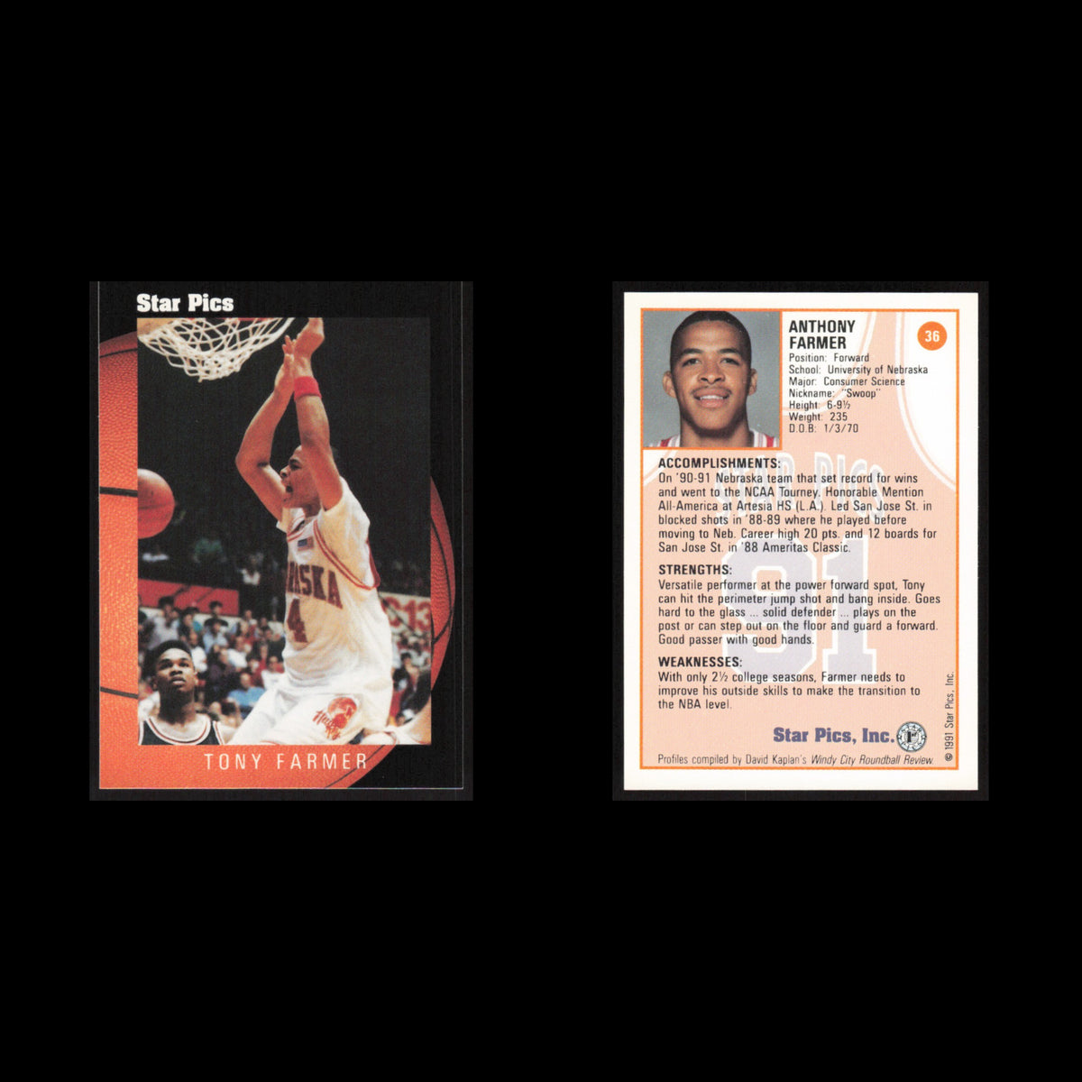 Tony Farmer #36 1991 Star Pics Nebraska Cornhuskers Basketball Card NBA NM