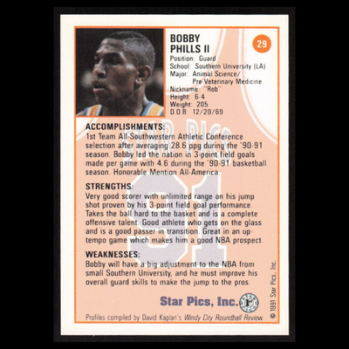 Bobby Phills #29 1991 Star Pics Southern Jaguars Basketball Card NBA NM