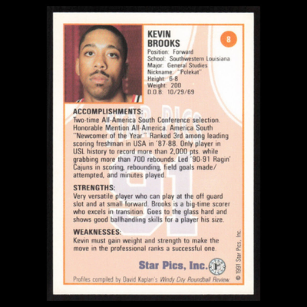 Kevin Brooks #8 1991 Star Pics Louisiana-Lafayette Ragin Cajuns Basketball Card