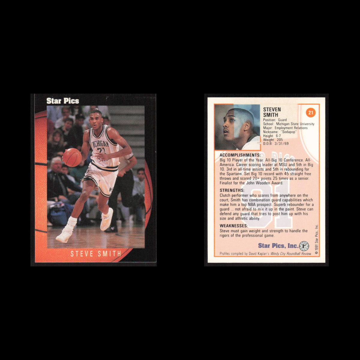 Steve Smith #21 1991 Star Pics Michigan State Spartans Basketball Card NBA NM