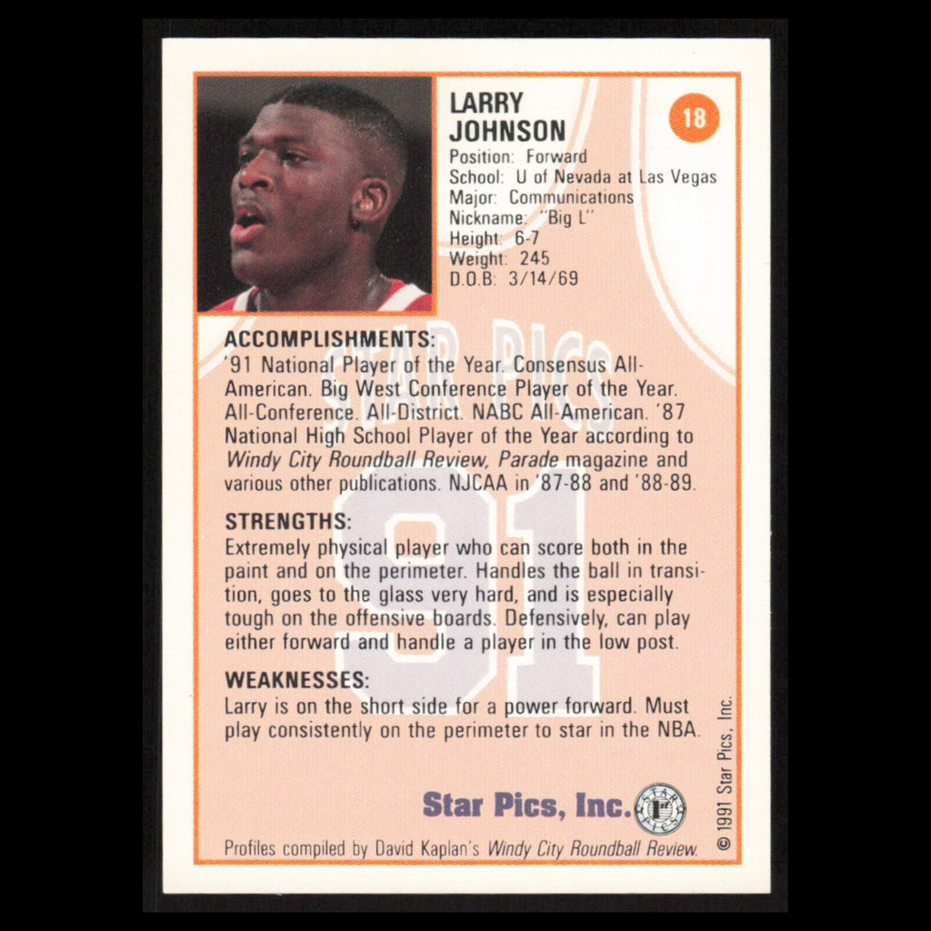 Larry Johnson #18 1991 Star Pics UNLV Runnin Rebels Basketball Card NBA NM