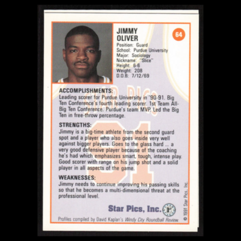 Jimmy Oliver #64 1991 Star Pics Purdue Boilermakers Basketball Card NBA NM