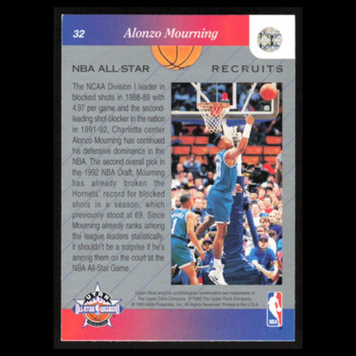 Alonzo Mourning #32 1992 Upper Deck NBA All-Star Charlotte Hornets Basketball NM