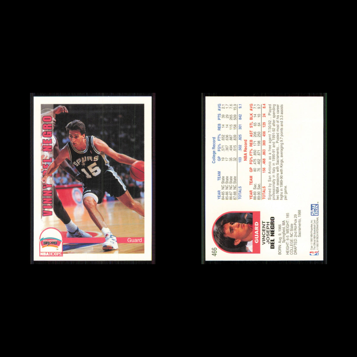 Vinny Del Negro #466 1992 Hoops San Antonio Spurs Basketball Card NBA NM