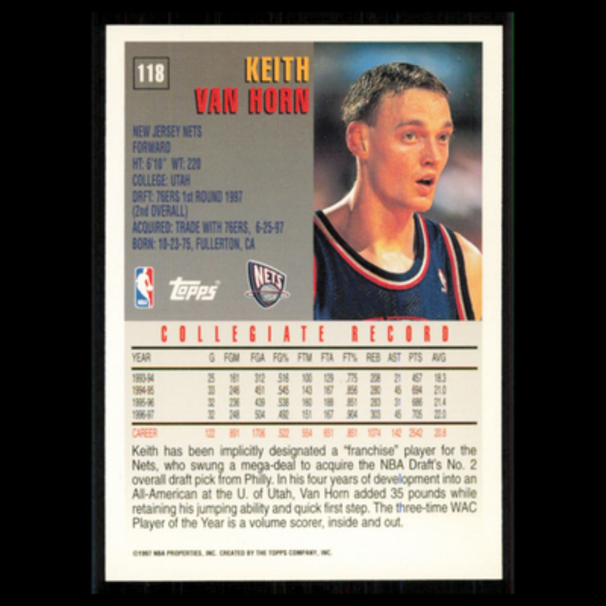 Keith Van Horn Rookie #118 1997 Topps New Jersey Nets Basketball Card NBA NM