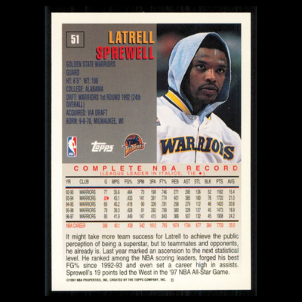 Latrell Sprewell #51 1997 Topps Golden State Warriors Basketball Card NBA NM