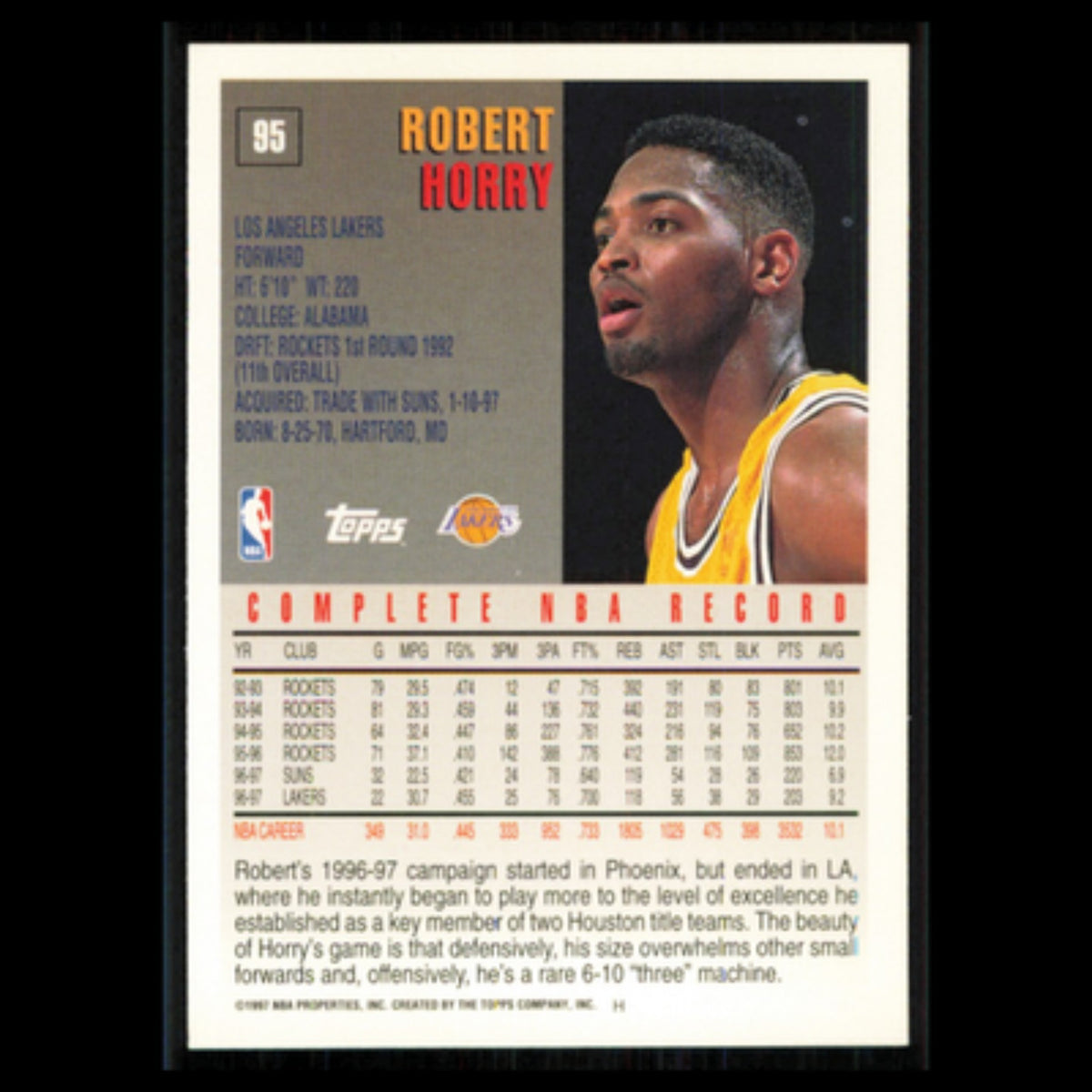 Robert Horry #95 1997 Topps Los Angeles Lakers Basketball Card NBA NM