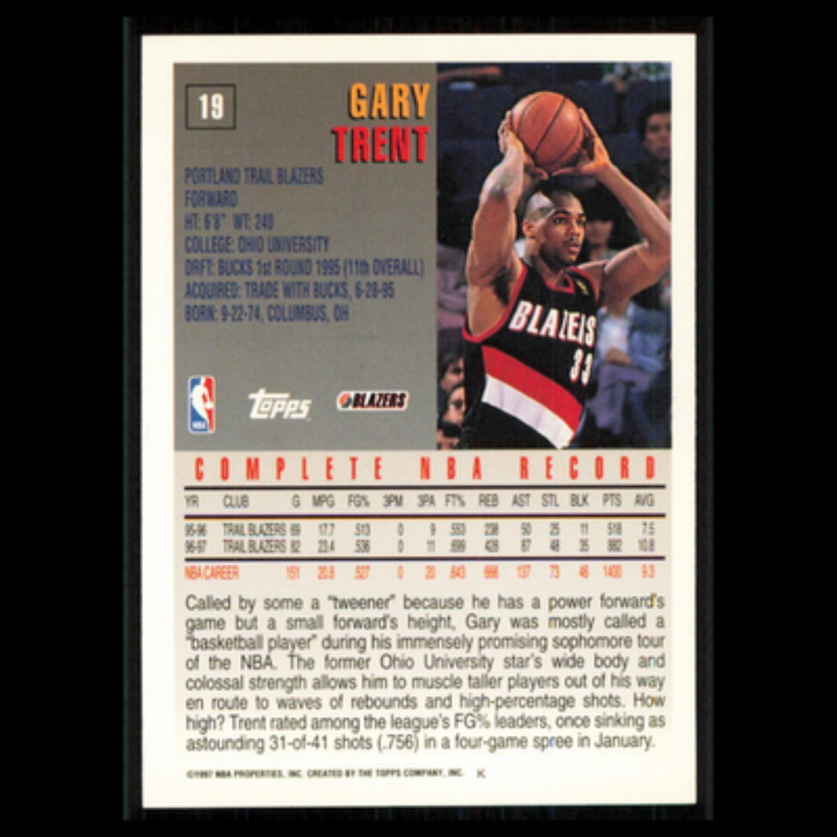 Gary Trent #19 1997 Topps Portland Trail Blazers Basketball Card NBA NM