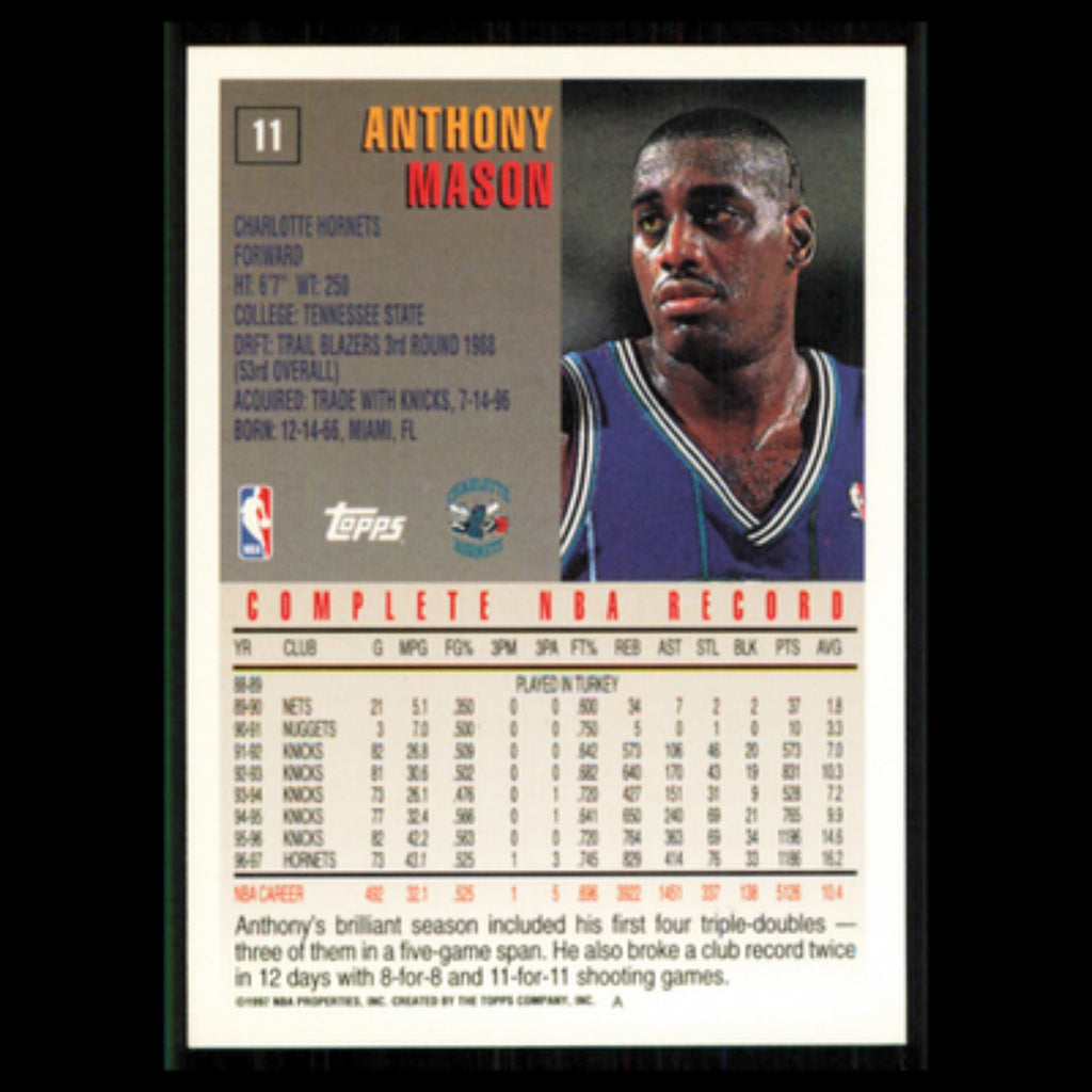 Anthony Mason #11 1997 Topps Charlotte Hornets Basketball Card NBA NM