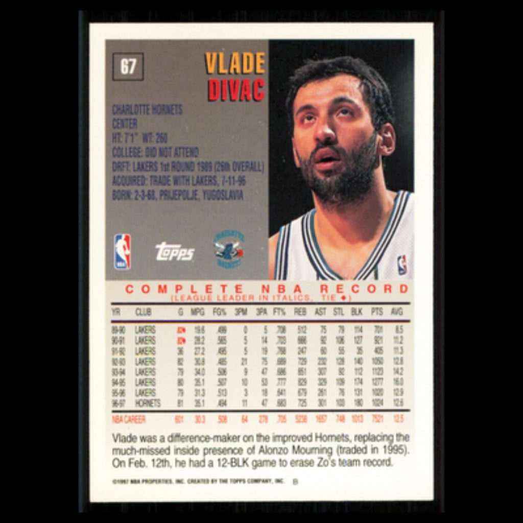 Vlade Divac #67 1997 Topps Charlotte Hornets Basketball Card NBA NM