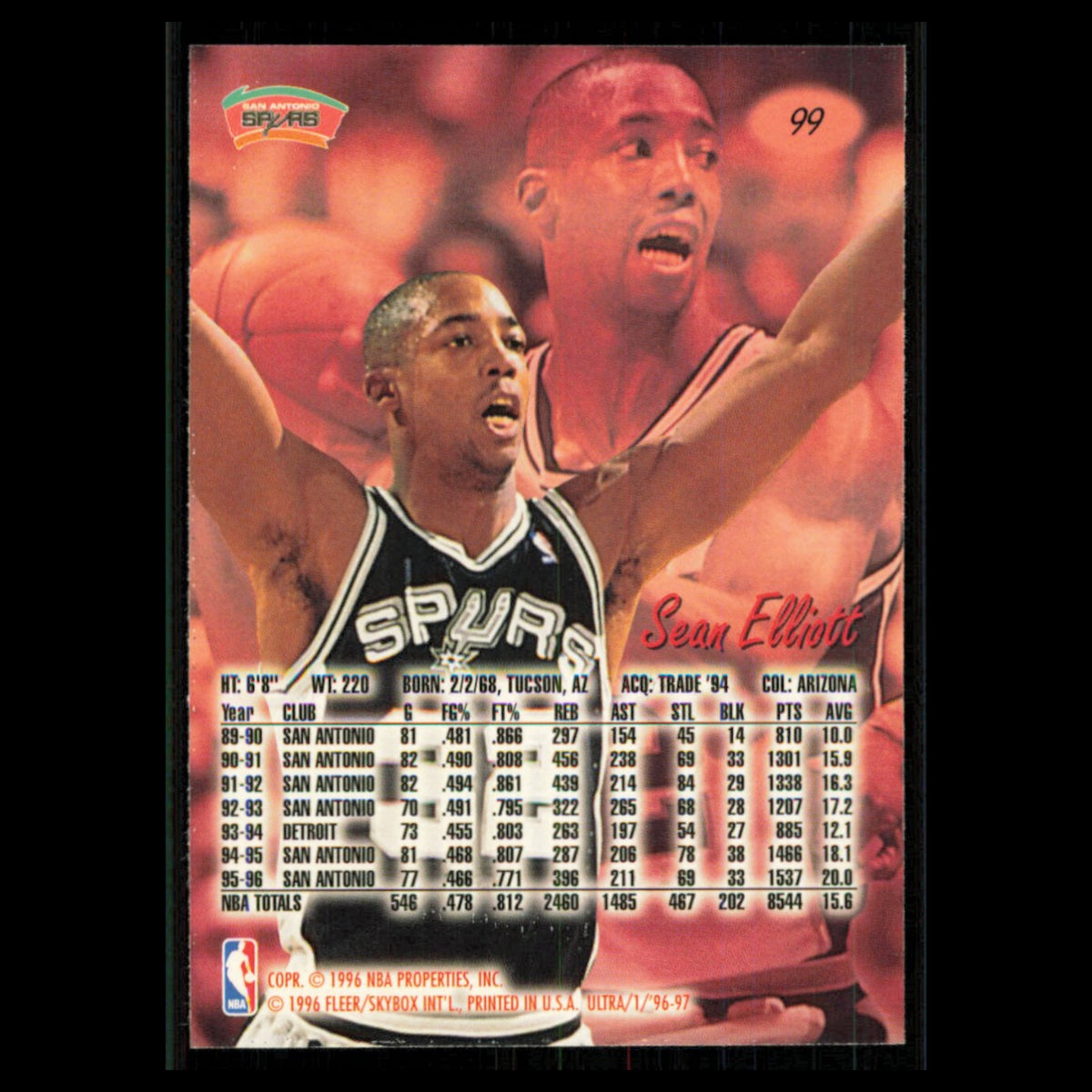 Sean Elliott #99 1996 Fleer Ultra San Antonio Spurs Basketball Card NBA NM