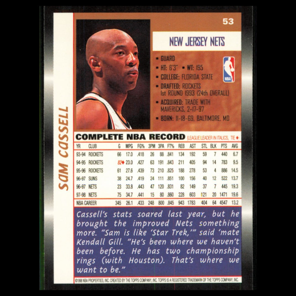 Sam Cassell #53 1998 Topps New Jersey Nets Basketball Card NBA NM