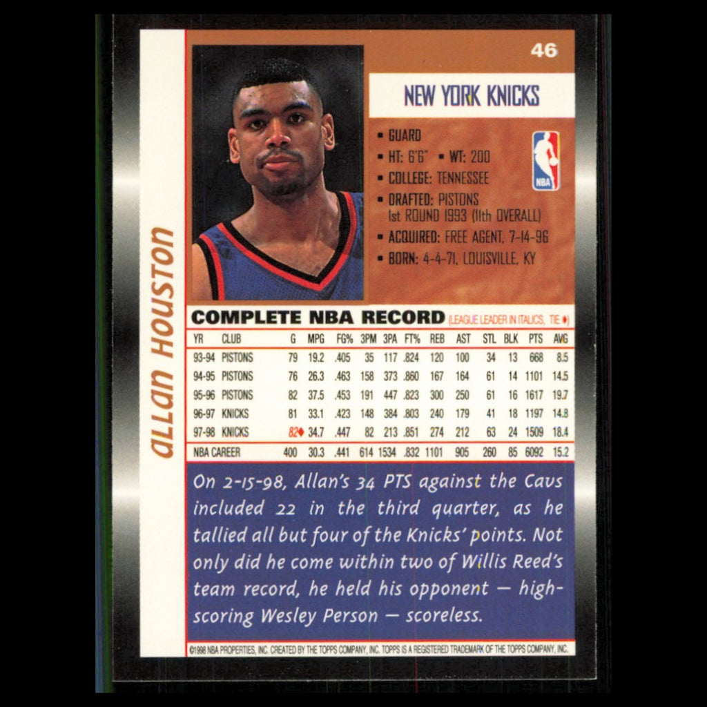 Allan Houston #46 1998 Topps Detroit Pistons Basketball Card NBA NM
