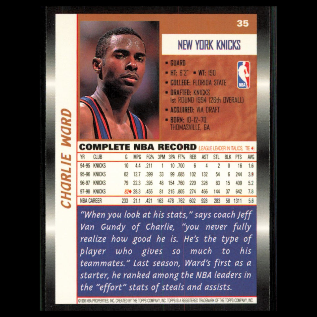 Charlie Ward #35 1998 Topps New York Knicks Basketball Card NBA NM