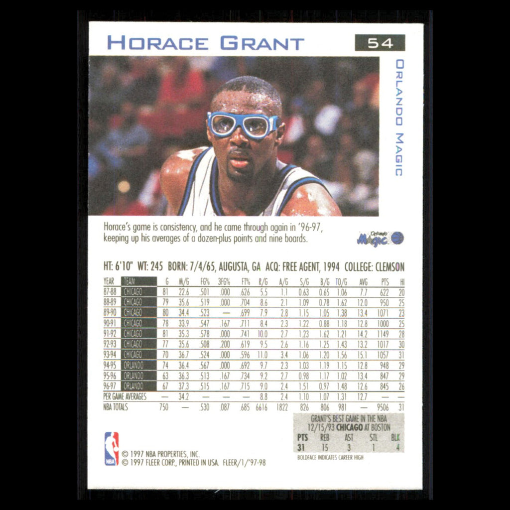 Horace Grant #54 1997 Fleer Orlando Magic Basketball Card NBA NM