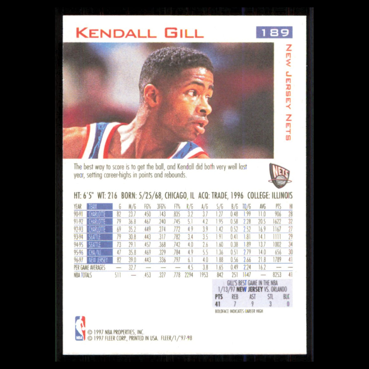 Kendall Gill #189 1997 Fleer New Jersey Nets Basketball Card NBA NM