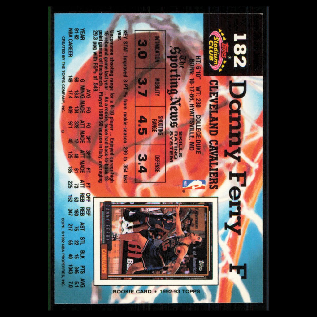 Danny Ferry #182 1992 Topps Stadium Club Cleveland Cavaliers Basketball Card NBA