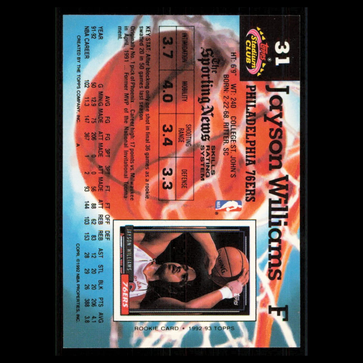Jayson Williams #31 1992 Topps Stadium Club Philadelphia 76ers Basketball Card