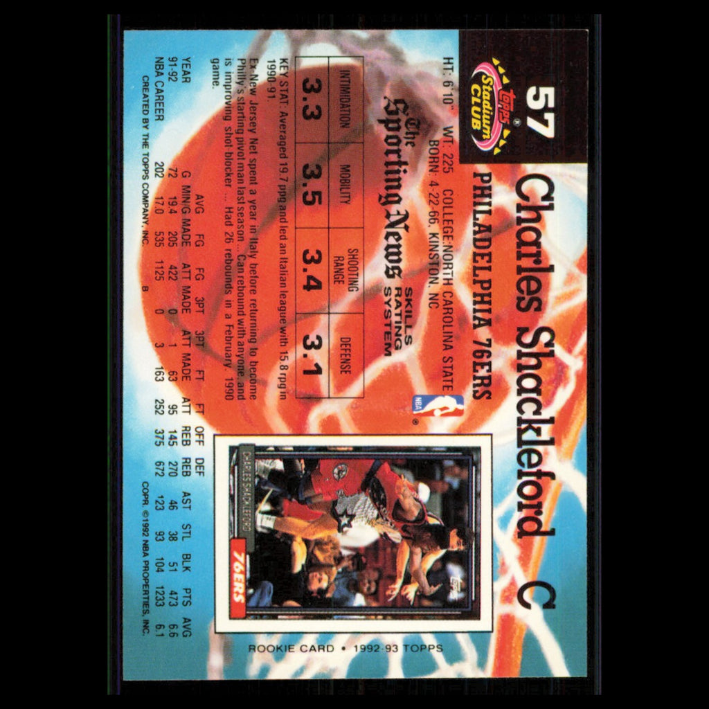 Charles Shackleford #57 1992 Topps Stadium Club Philadelphia 76ers Basketball NM