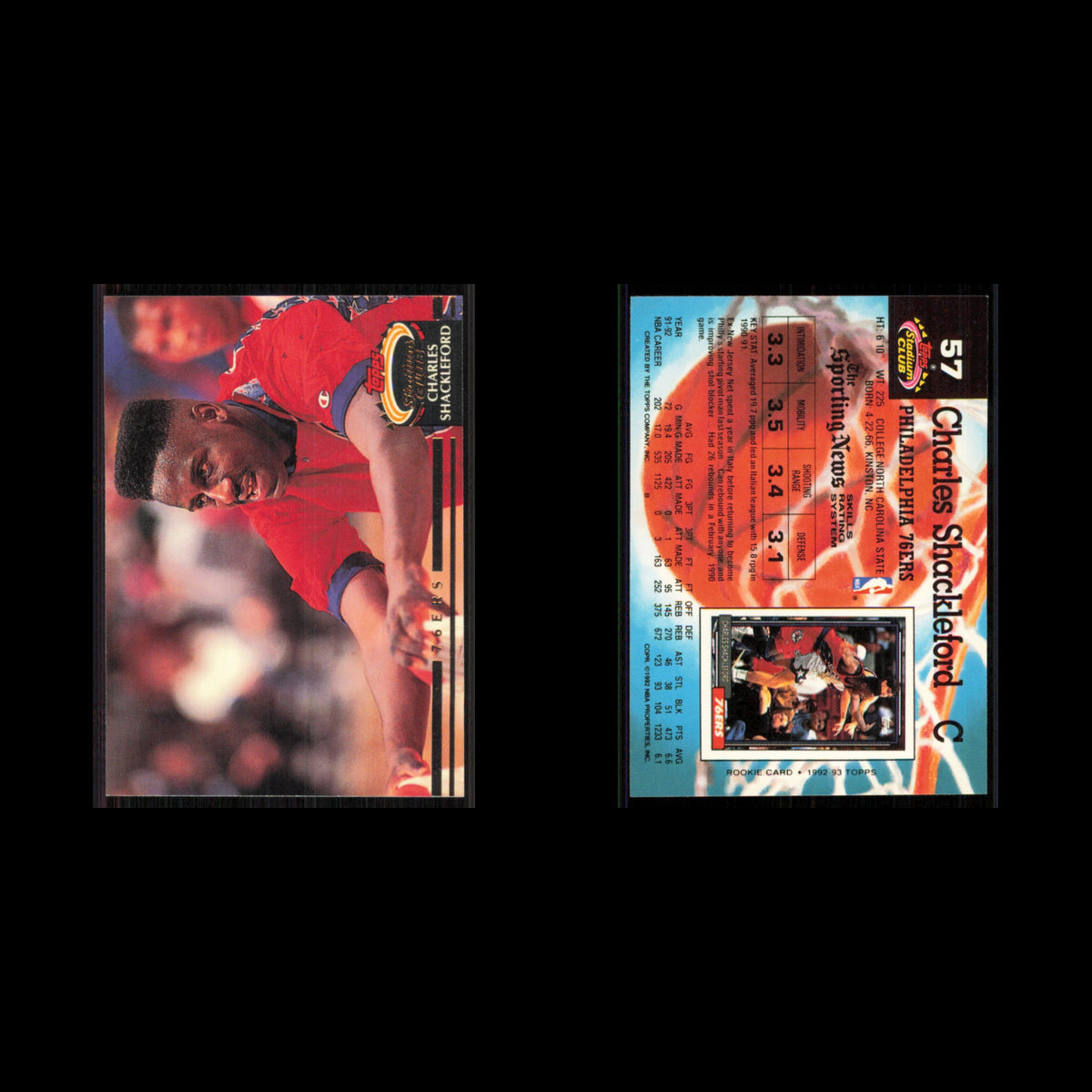 Charles Shackleford #57 1992 Topps Stadium Club Philadelphia 76ers Basketball NM