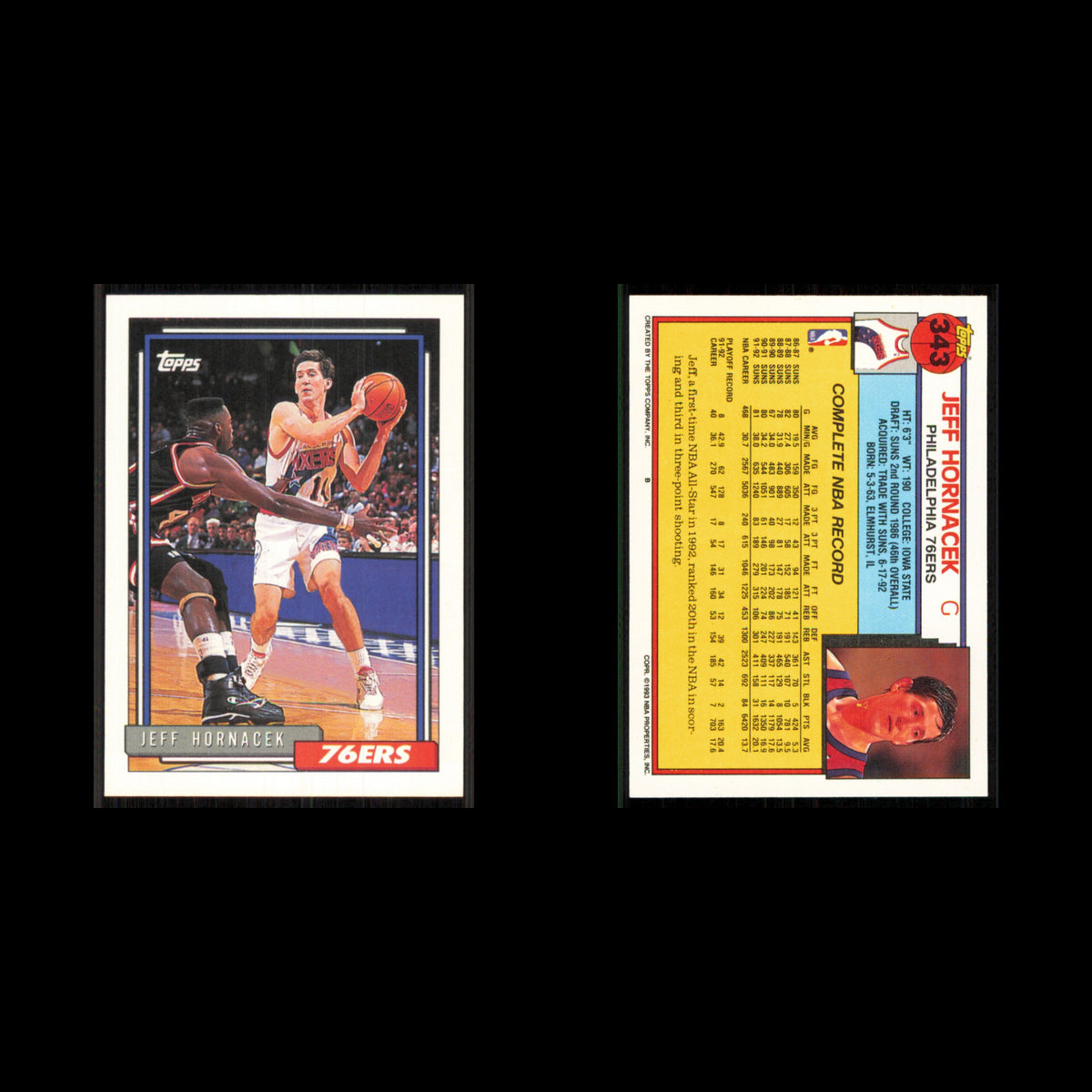 Jeff Hornacek #343 1992 Topps Philadelphia 76ers Basketball Card NBA NM